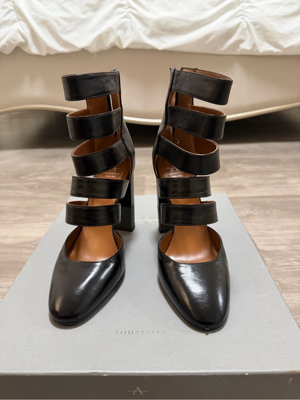 Aquatalia Black Multi-Strap Block Heel Pumps